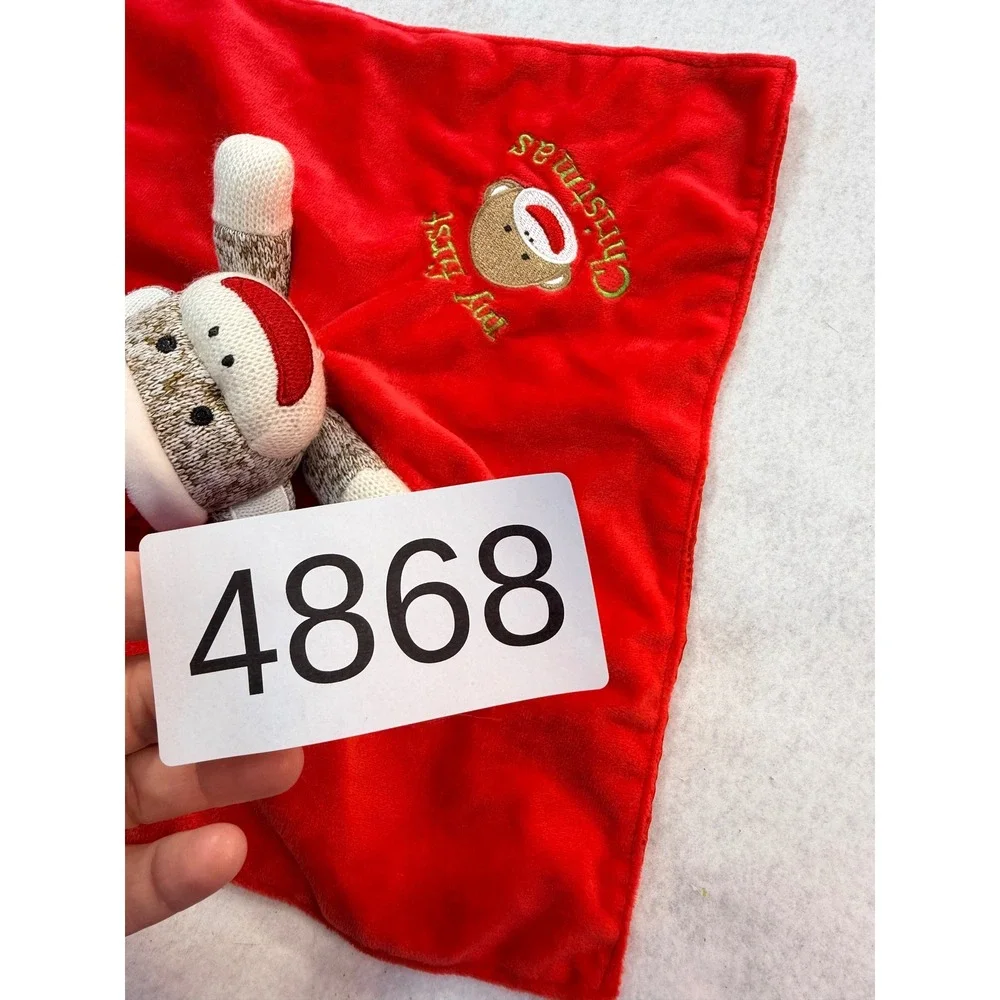 My First Christmas Sock Monkey Baby Security Blanket Red Plush Lovey Santa Hat